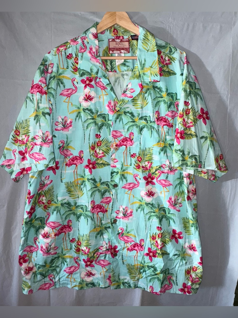 RJC Pink Flamingo Short Sleeve Hawaiian Mens Shirt XXL Blue Flowers Button Front